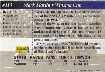 1994 Traks #113 Mark Martin Back