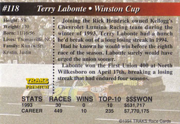1994 Traks #118 Terry Labonte Back