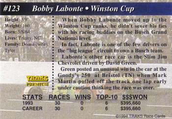 1994 Traks #123 Bobby Labonte Back