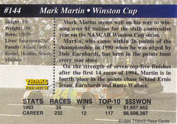 1994 Traks #144 Mark Martin Back