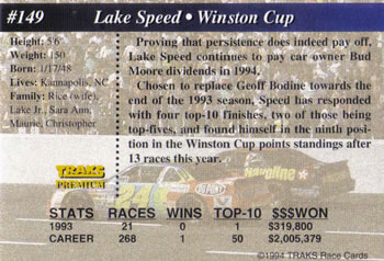 1994 Traks #149 Lake Speed Back