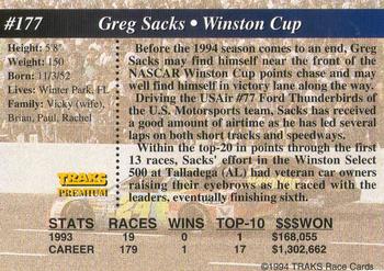 1994 Traks #177 Greg Sacks Back