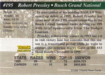 1994 Traks #195 Robert Pressley Back