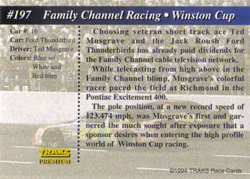 1994 Traks #197 Family Channel Racing Back