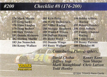 1994 Traks #200 Checklist #8: 176-200 Back