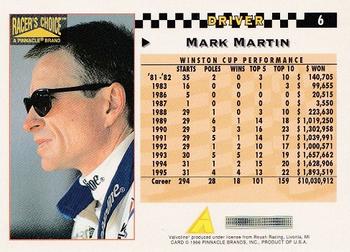 1996 Pinnacle Racer's Choice #6 Mark Martin Back