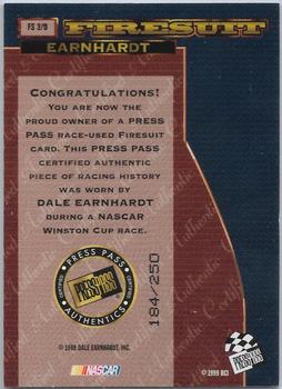 1999 Press Pass Premium - Race-Used Firesuit Cards #FS 3 Dale Earnhardt Back