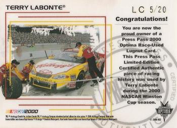 2000 Press Pass Optima - Race Used Lugnuts Cars #LC 5 Terry Labonte's Car Back