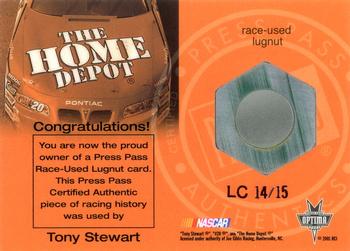 2001 Press Pass Optima - Race Used Lugnuts Cars #LC 14 Tony Stewart's Car Back