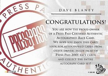 2001 Press Pass - Autographs #NNO Dave Blaney Back