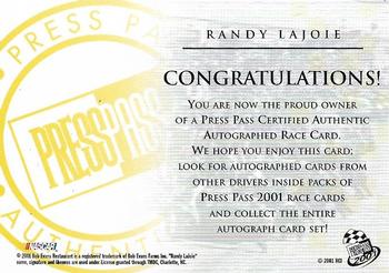 2001 Press Pass - Autographs #NNO Randy LaJoie Back