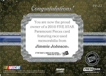 2010 Press Pass Five Star - Paramount Pieces Aluminum #PP-JJ Jimmie Johnson Back