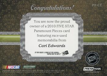 2010 Press Pass Five Star - Paramount Pieces Aluminum #PP-CE Carl Edwards Back