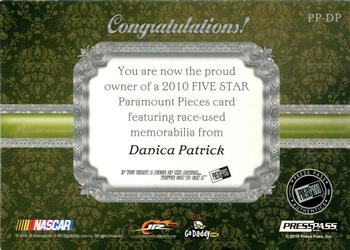 2010 Press Pass Five Star - Paramount Pieces Aluminum #PP-DP Danica Patrick Back