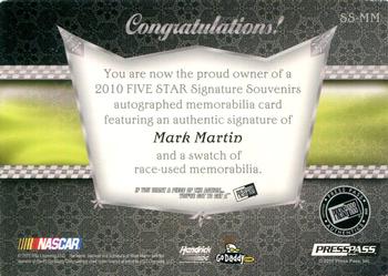 2010 Press Pass Five Star - Signature Souvenirs Dusted Aluminum #SS-MM Mark Martin Back