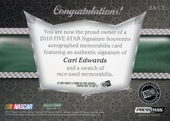 2010 Press Pass Five Star - Signature Souvenirs Holofoil #SS-CE Carl Edwards Back