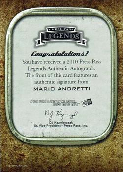 2010 Press Pass Legends - Autographs Blue #NNO Mario Andretti Back