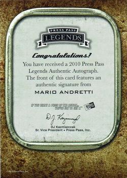 2010 Press Pass Legends - Autographs Copper #NNO Mario Andretti Back