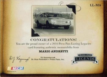 2010 Press Pass Legends - Lasting Legacies Copper #LL-MA Mario Andretti Back