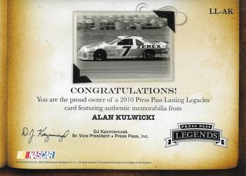 2010 Press Pass Legends - Lasting Legacies Gold #LL-AK Alan Kulwicki Back