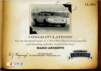 2010 Press Pass Legends - Lasting Legacies Holofoil #LL-MA Mario Andretti Back