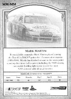 2010 Press Pass Legends - Motorsports Masters Gold #MM-MM Mark Martin Back