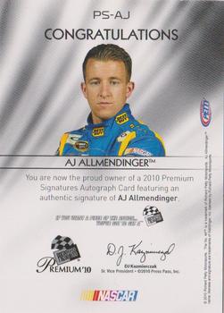 2010 Press Pass Premium - Signatures #PS-AJ A.J. Allmendinger Back