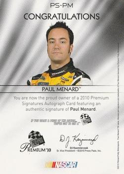2010 Press Pass Premium - Signatures #PS-PM Paul Menard Back