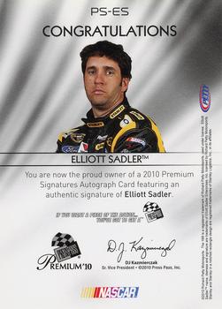 2010 Press Pass Premium - Signatures #PS-ES Elliott Sadler Back
