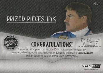 2010 Press Pass Showcase - Prized Pieces Firesuit Ink Gold #PPI-TL Terry Labonte Back