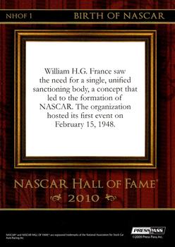 2010 Press Pass - NASCAR Hall of Fame Blue #NHOF 1 Birth of NASCAR Back