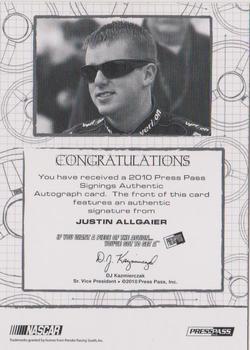 2010 Press Pass - Signings Silver #NNO Justin Allgaier Back