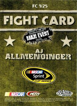 2010 Wheels Main Event - Fight Card Full Color Retail #FC 1 A.J. Allmendinger Back