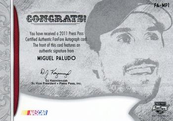 2011 Press Pass Fanfare - FanFare Autographs Blue #FA-MP1 Miguel Paludo Back