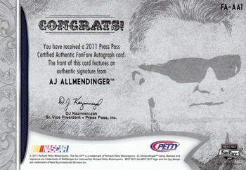 2011 Press Pass Fanfare - FanFare Autographs Bronze #FA-AA1 A.J. Allmendinger Back