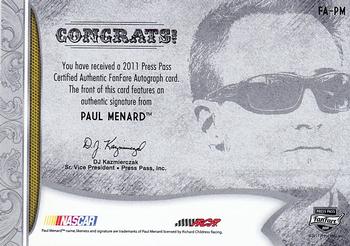 2011 Press Pass Fanfare - FanFare Autographs Bronze #FA-PM Paul Menard Back