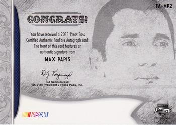 2011 Press Pass Fanfare - FanFare Autographs Bronze #FA-MP2 Max Papis Back