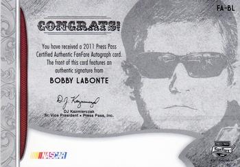 2011 Press Pass Fanfare - FanFare Autographs Silver #FA-BL Bobby Labonte Back