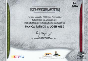 2011 Press Pass Fanfare - FanFare Dual Autographs #FA-DPJW Danica Patrick / Josh Wise Back