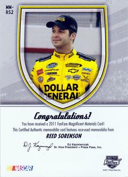 2011 Press Pass Fanfare - Magnificent Materials Holofoil #MM-RS2 Reed Sorenson Back
