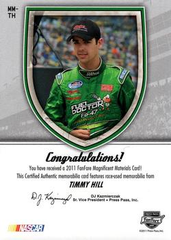 2011 Press Pass Fanfare - Magnificent Materials Holofoil #MM-TH Timmy Hill Back
