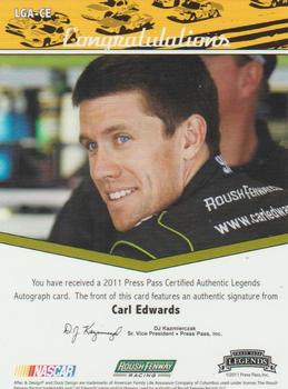 2011 Press Pass Legends - Autographs Silver #LGA-CE Carl Edwards Back