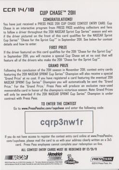 2011 Press Pass - Cup Chase #CCR 14 Mark Martin Back