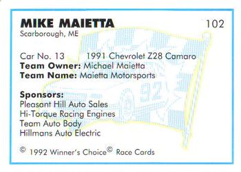 1992 Winner's Choice Busch #102 Mike Maietta's Car Back