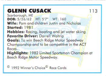 1992 Winner's Choice Busch #113 Glenn Cusack Back