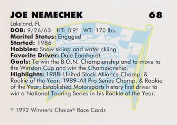 1992 Winner's Choice Busch #68 Joe Nemechek Back