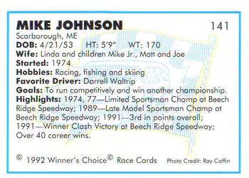1992 Winner's Choice Busch #141 Mike Johnson Back