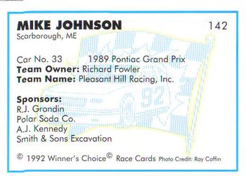 1992 Winner's Choice Busch #142 Mike Johnson's Car Back