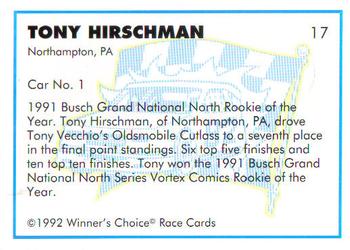 1992 Winner's Choice Busch #17 Tony Hirschman Back