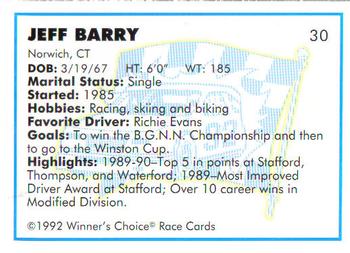 1992 Winner's Choice Busch #30 Jeff Barry Back